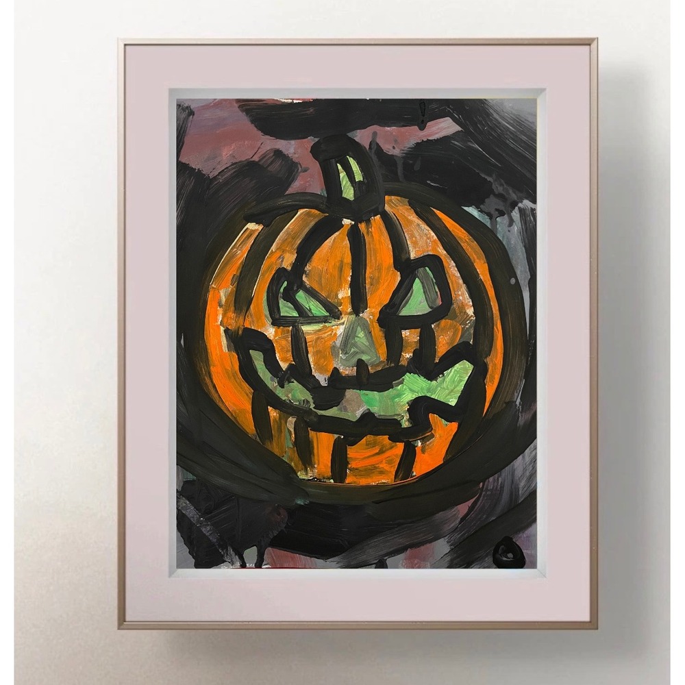 OMAN Original Pumpkin Painting 9x12 Abstract Halloween Jack O Lantern Art Paper